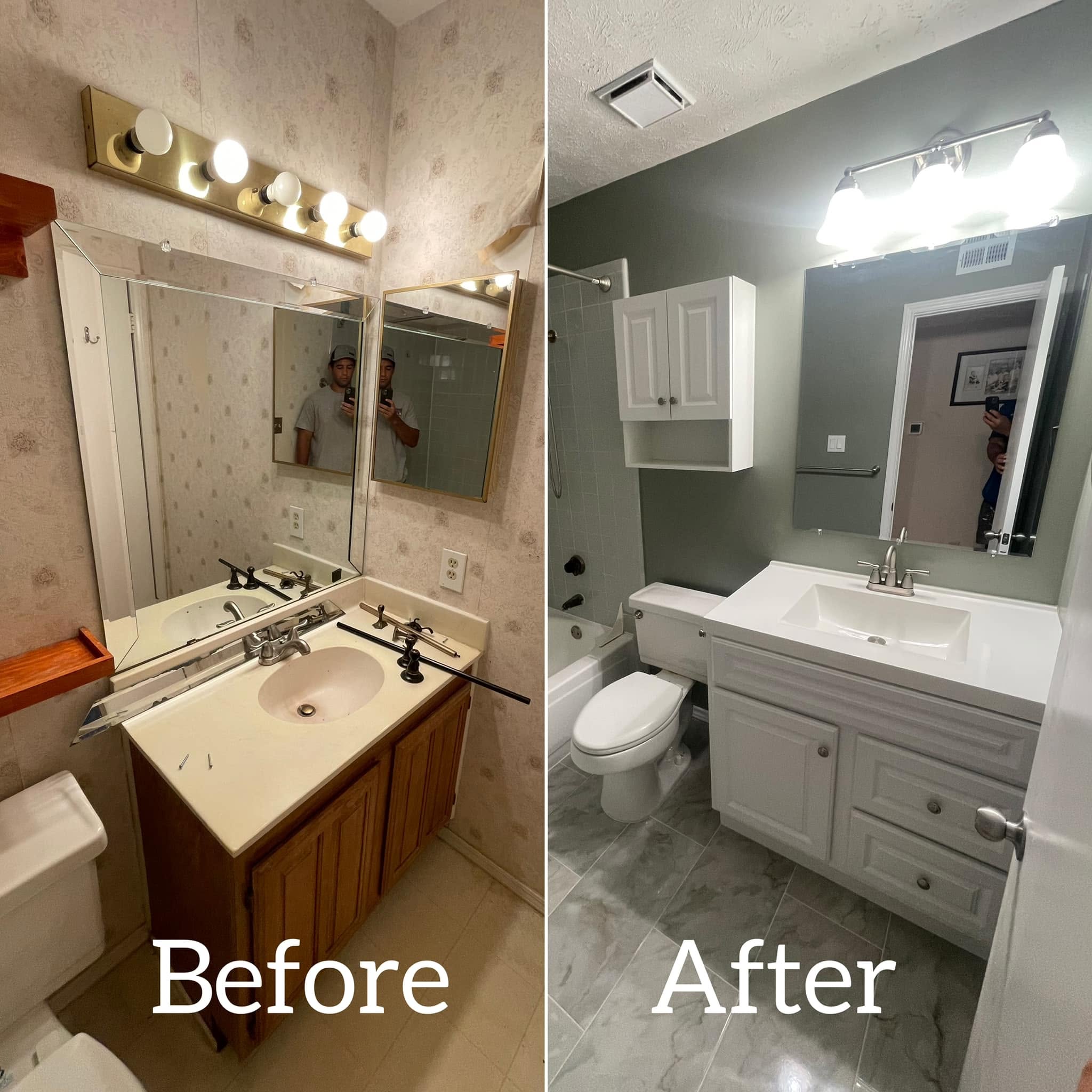 Before-and-after of a guest bathroom remodel — outdated oak vanity transformed to a clean white vanity with new tile floor, McKinney TX