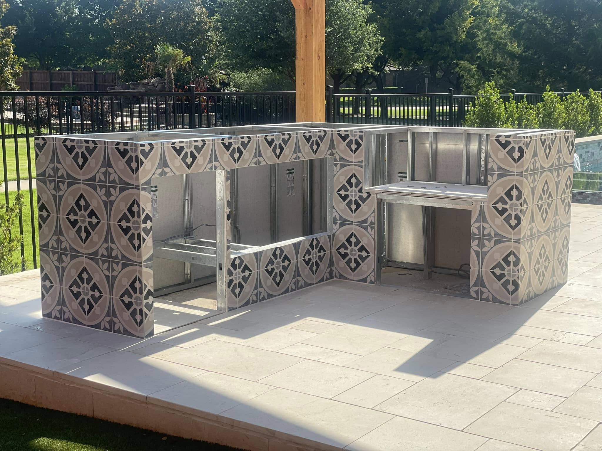 Outdoor kitchen build with patterned-tile BBQ island, Andrades GC, Collin County TX